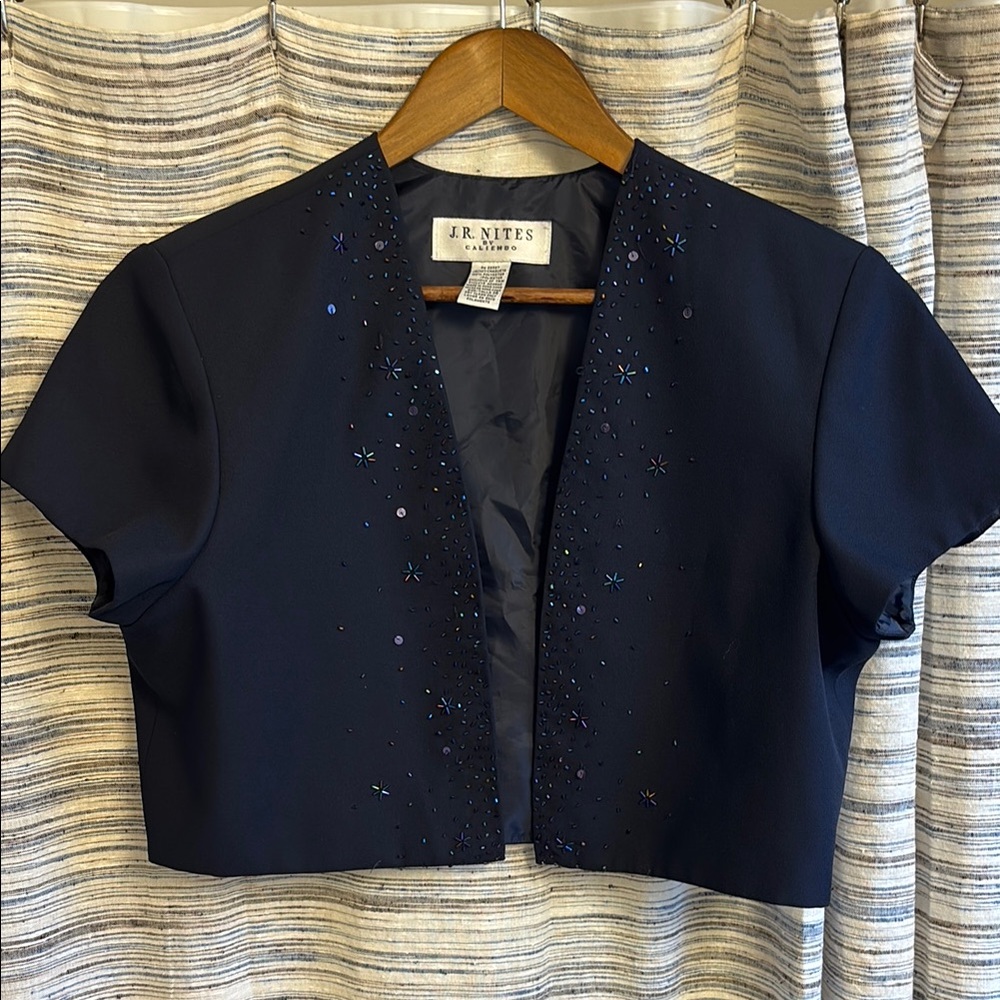 JR Nites by Calendo Navy Embellished Women's Short Sleeve Cover Up Coat Size 14